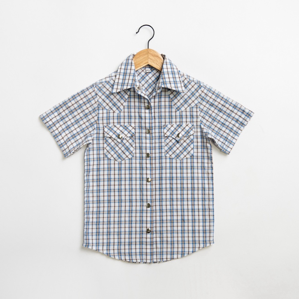 Youth Plaid Pattern Metal Snap Shirt- Blue